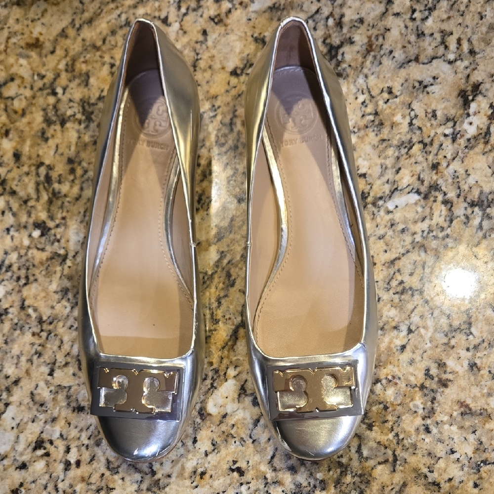 Tory Burch Silver Flats with Logo Emblem